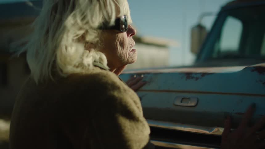 A woman that is blind is feeling a truck and looking for the door