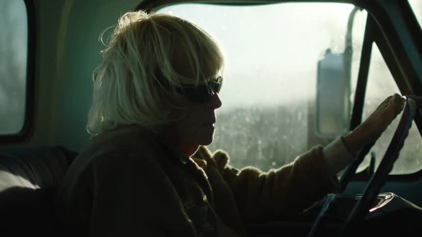 A woman is driving a truck with one arm