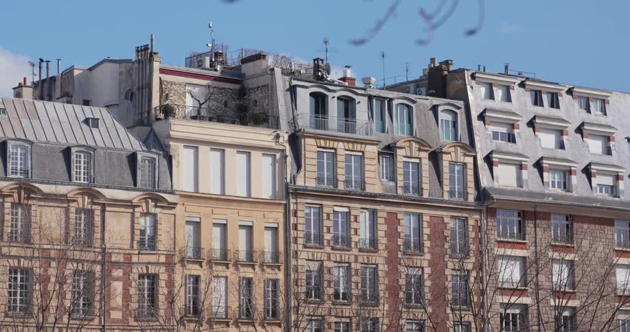 A stationary video shows the upper floors and mansard roofs of a row of classic parisian buildings with many windows and balconies viewed through the bare dark branches of foreground trees against a bright blue sky