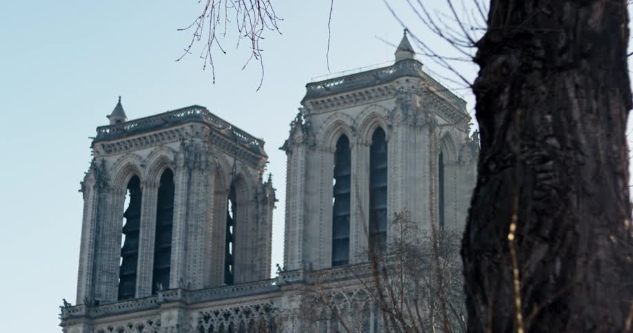 The large stone church has two towers