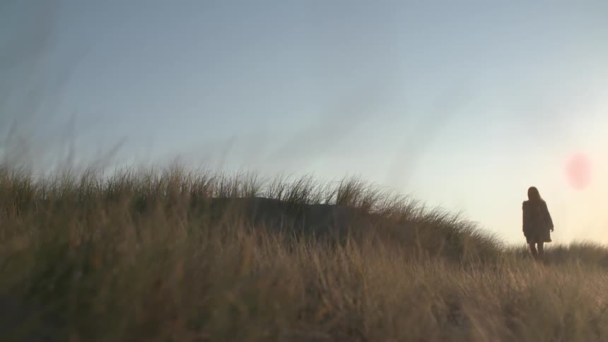 Woman standing in the distance on a grassy field