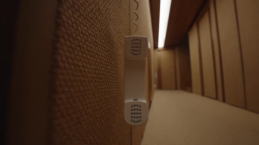 White telephone hanging on a brown textured wall in a lit hallway