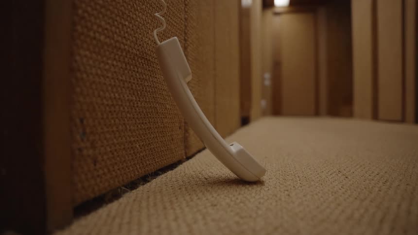 A white corded telephone handset sits off the hook against a textured wall in a dim carpeted hallway