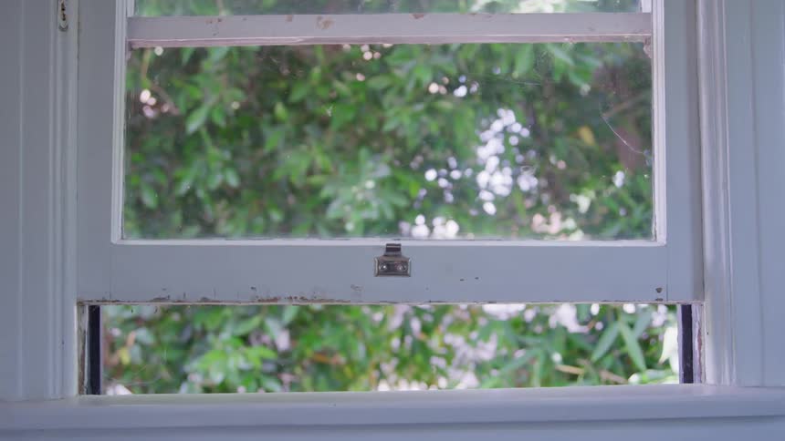 A whitepainted wooden window frame with a closed top glass pane and an open space looking out onto blurred green foliage in the background