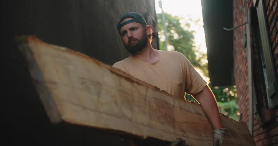 The video shows a man carrying a large roughcut slab of wood out of a dark narrow doorway he is wearing a tan tshirt a baseball cap backward and bright orange work pants