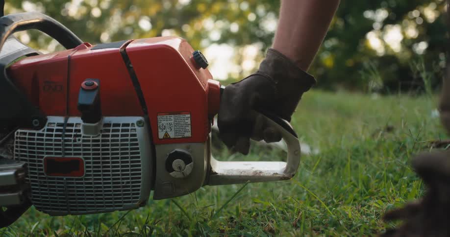 Worker holds a chainsaw resting on the grass