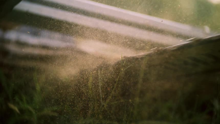 An extremely close view shows a massive cloud of sawdust and wood chips exploding from a log being cut by a moving blade with the particles filling the air above the grass outdoors