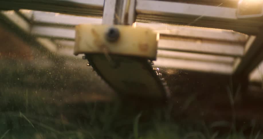 Moving saw chain cuts through wood close to the ground