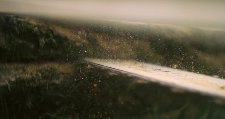 Saw cuts wood as sawdust particles remain suspended in the air