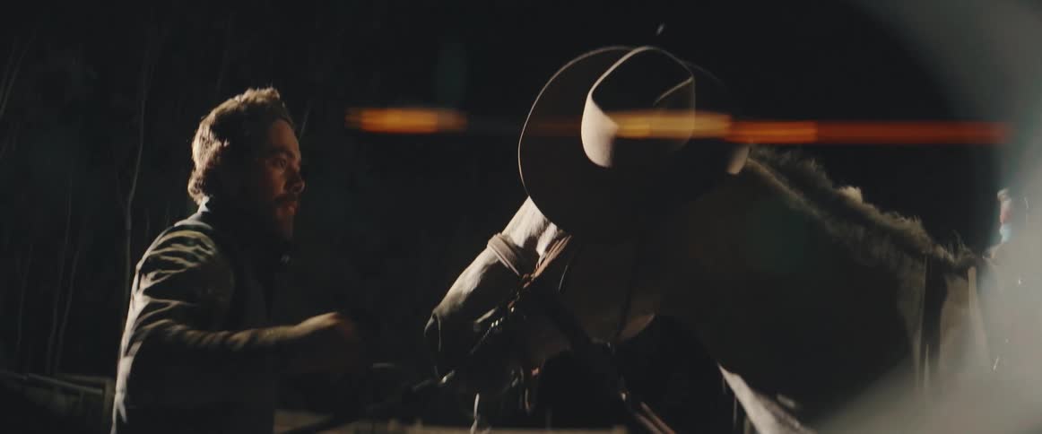 Man puts a hat on a horse under the soft night light