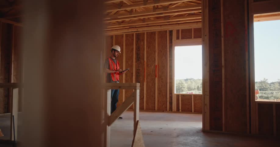 A construction worker in an orange safety vest and white hard hat checks a tablet inside a sunlit woodframed room