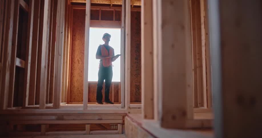 Silhouetted by a bright window a construction worker in a hard hat and safety vest stands with a tablet framed by the wooden studs of a house under construction