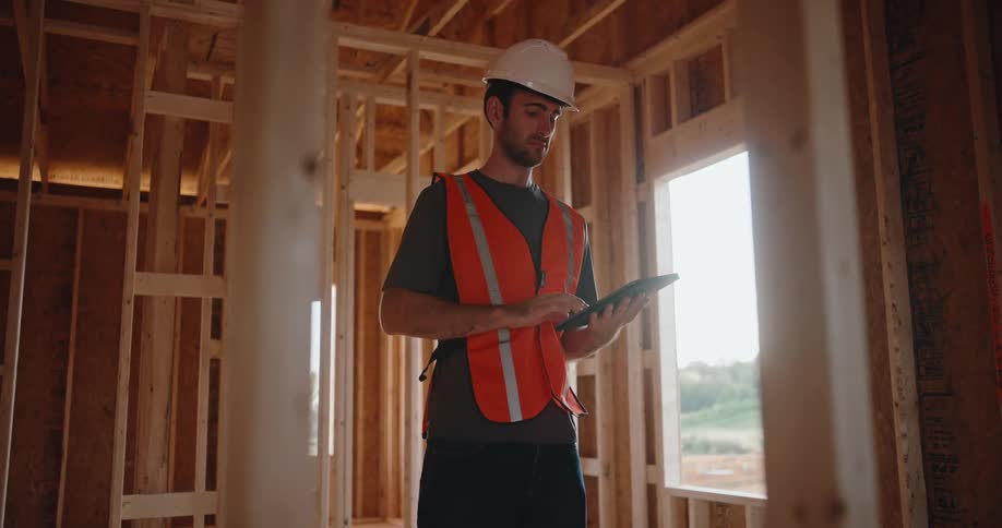 A construction worker in a hard hat and safety vest uses a tablet while standing in the wooden frame of a house under construction