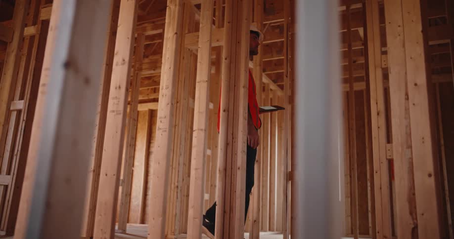 A man walks through a home that is under construction