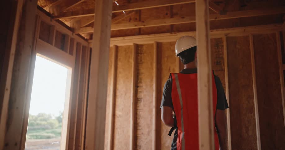 A construction worker in a hard hat and safety vest looks around inside a woodenframed building with a focused thoughtful expression