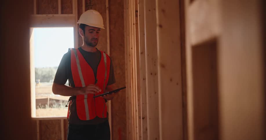 Construction worker makes notes on a tablet while inspecting an unfinished building during the daytime