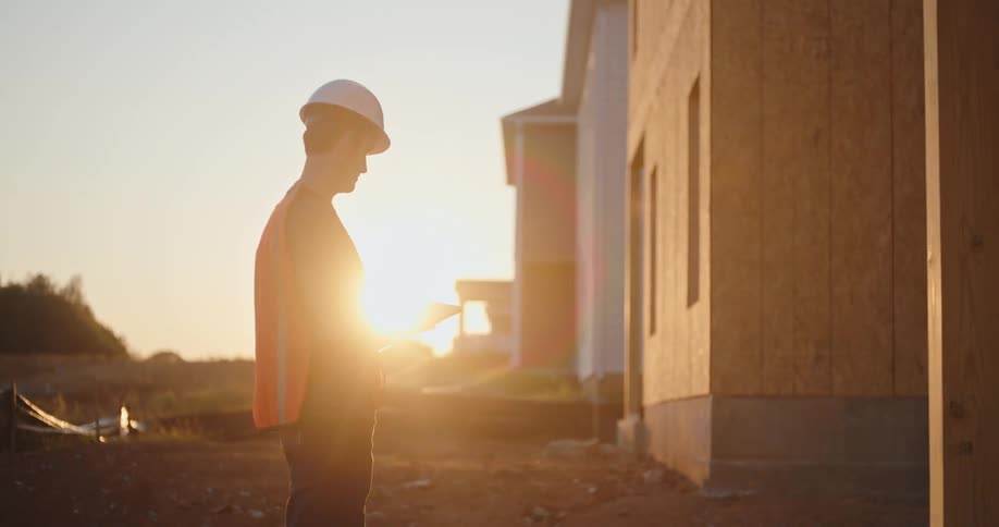 A construction worker looks at an electronic tablet while standing beside new housing construction