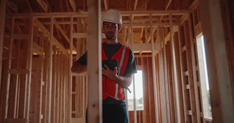 A man wearing a white helmet and an orange reflective vest stands within the wood framework of a building under construction looking at a dark digital tablet in his hands and then raising his head to look up at the ceiling beams