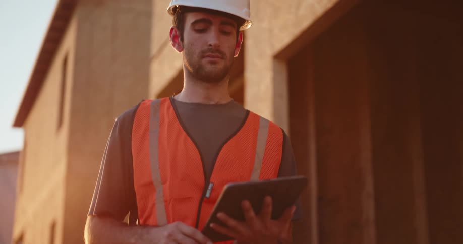 A young male construction worker using a tablet computer while inspecting a building outdoors during daytime