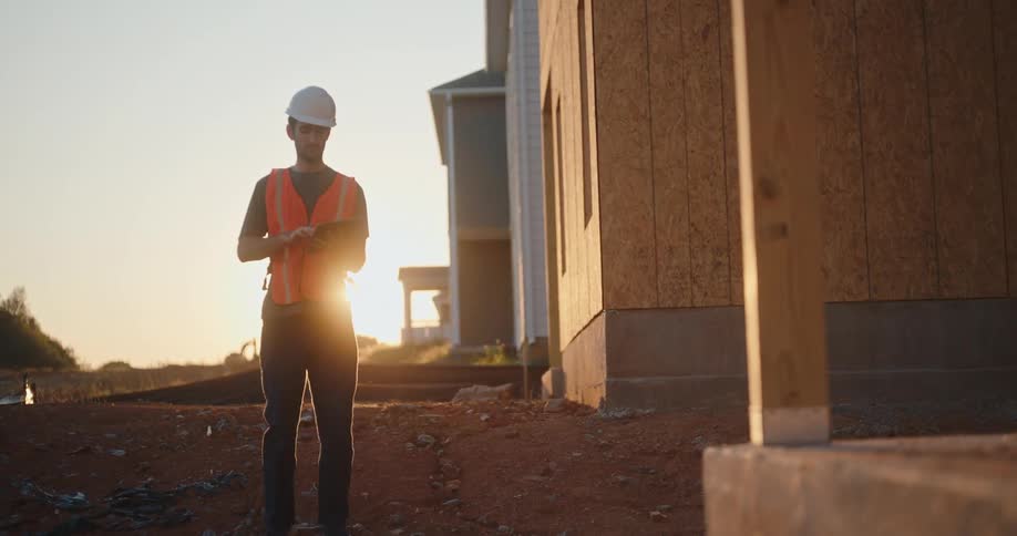 Construction worker wearing a helmet standing outside next to unfinished houses outdoors during dusk or dawn