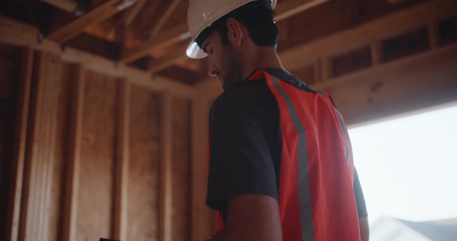 Construction worker wearing a white helmet and a safety vest inspecting the wooden structure of a house being built indoors during day time