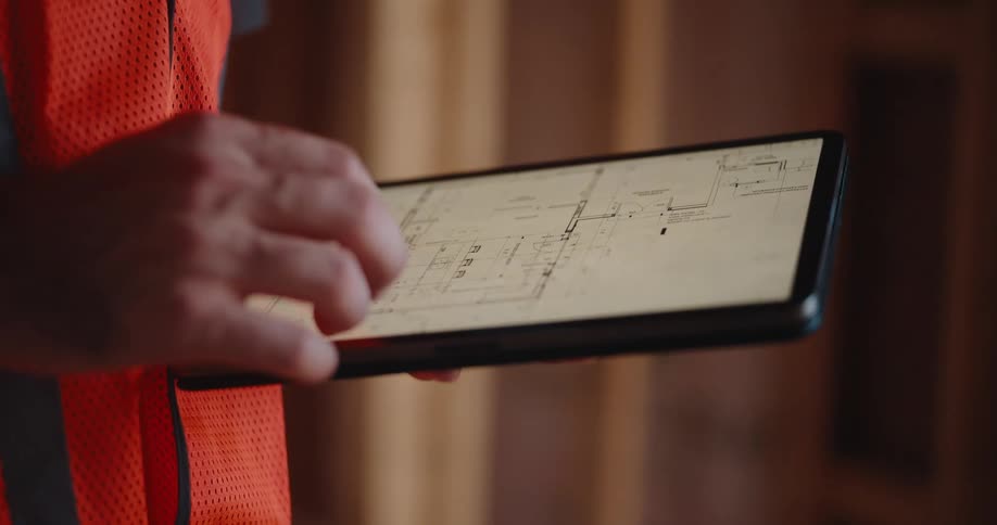 A construction worker in an orange safety vest uses a tablet showing building plans inside a woodframed room