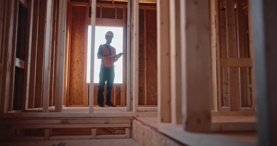 A man wearing a hard hat and an orange reflective vest stands silhouetted against a bright window opening in the center of the frame holding a flat electronic device while viewed through the bare wooden structural frame of an incomplete building