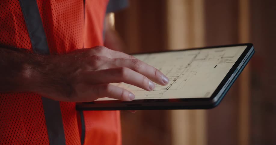 Close up of a construction worker viewing a building plan on a tablet device