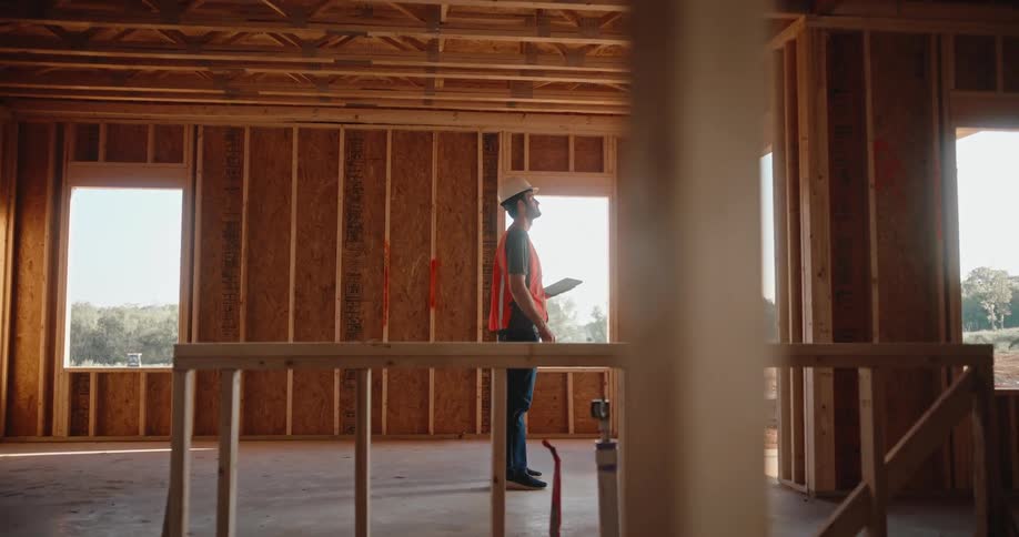 Engineer wearing a helmet inspects a wooden building structure under construction