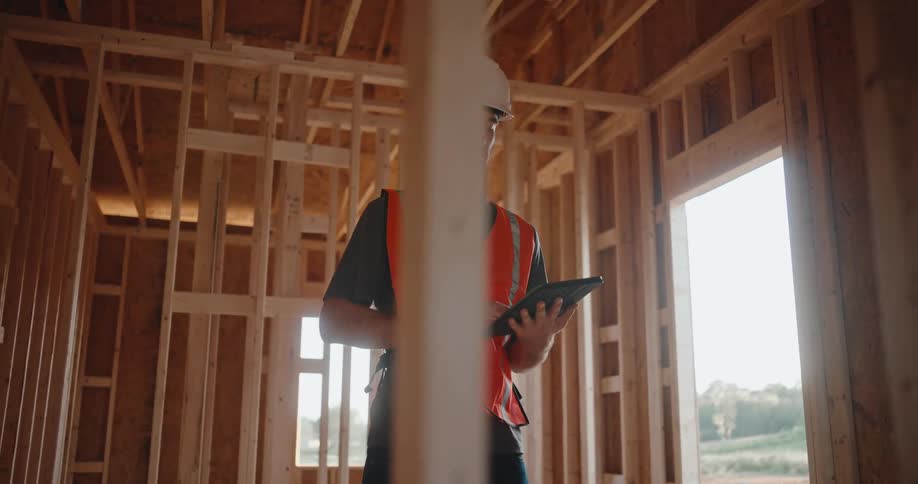 A construction worker in a hard hat and safety vest uses a tablet while walking through the wooden frame of a house under construction