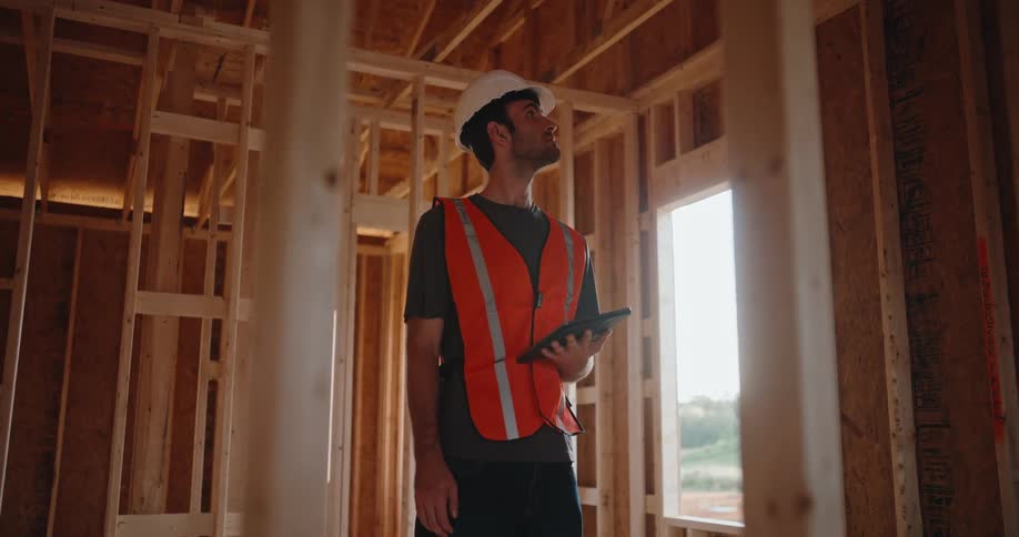 A construction worker in a hard hat and safety vest holds a tablet while inspecting the wooden framing of a house under construction