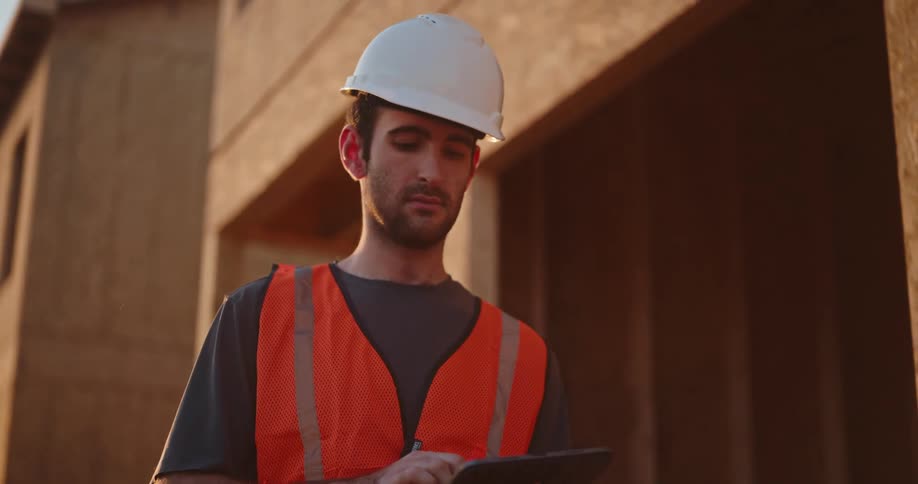 Close up of a male construction worker using a tablet computer while inspecting a building outdoors during daytime