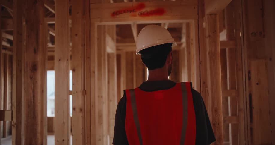 A construction worker in an orange safety vest and white hard hat walks through a woodframed hallway of a building under construction