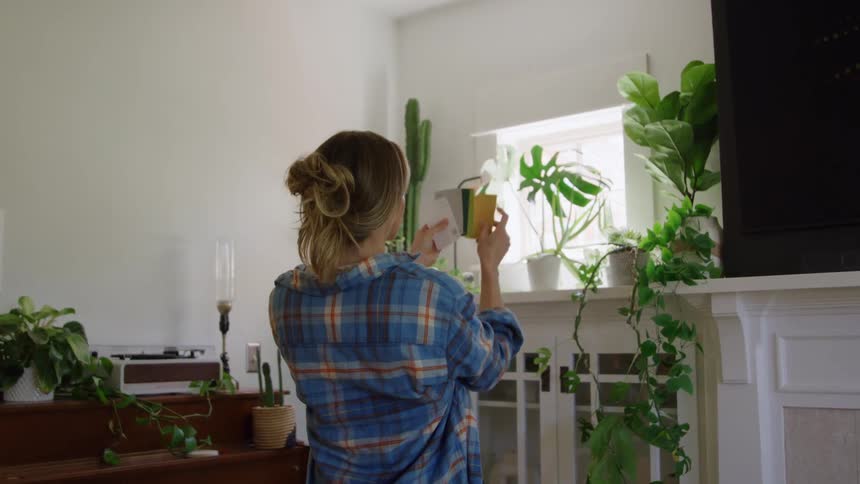 A rear view shows a woman with blonde hair in a blue plaid shirt holding color swatches and comparing them to the white wall for painting near a window surrounded by many other vibrant green houseplants in a bright living room