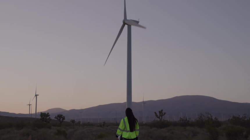 Utility worker stands near a turbine in a wind farm while red tints the horizon near the foggy mountains