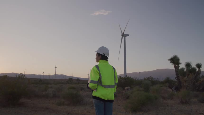 Female utility worker stands and looks around at wind turbines while red tints the horizon