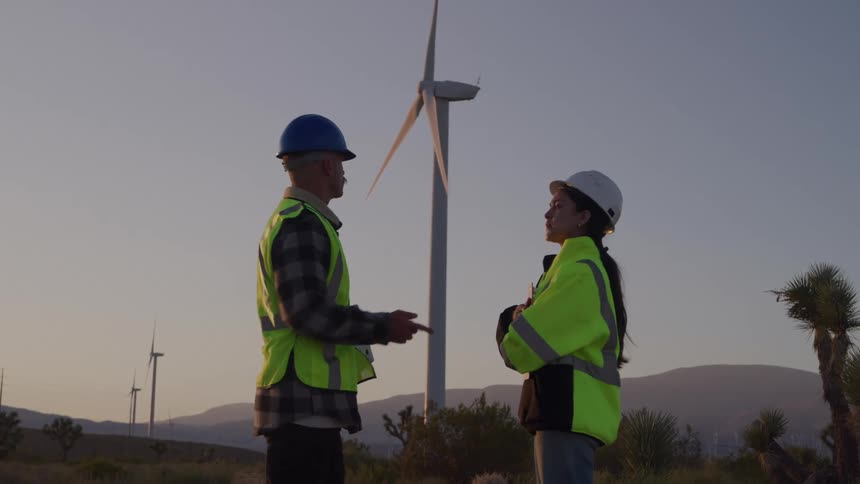 Two workers in green vests and hardhats stand at a windmill site during sunset engaged in discussion as warm light casts long shadows across the turbines