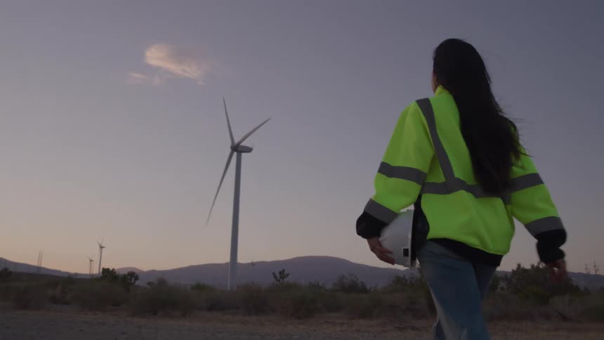 A medium rear view of a woman with long dark hair wearing a bright yellow safety jacket and holding a white hardhat as she walks towards a line of spinning wind turbines in a vast arid landscape at dusk