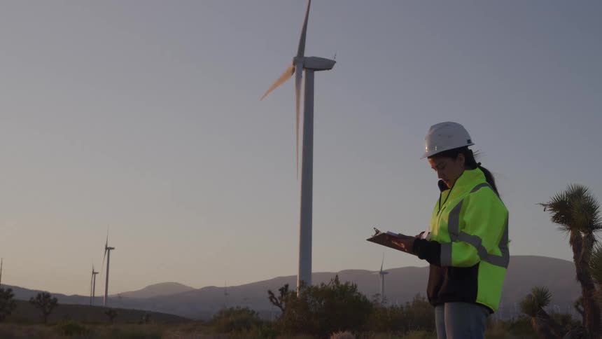 A female worker wearing a white hardhat and a yellow safety jacket stands in a desert landscape with wind turbines turning in the background carefully reviewing notes on a clipboard in the evening light