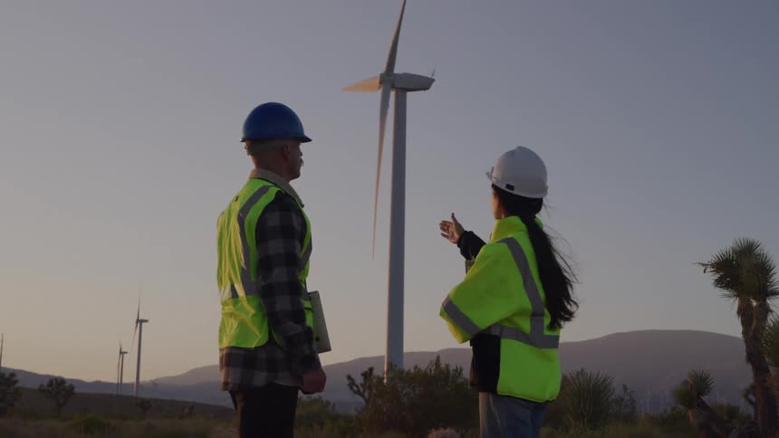 Two workers talk near a wind turbine in a wind farm at dusk