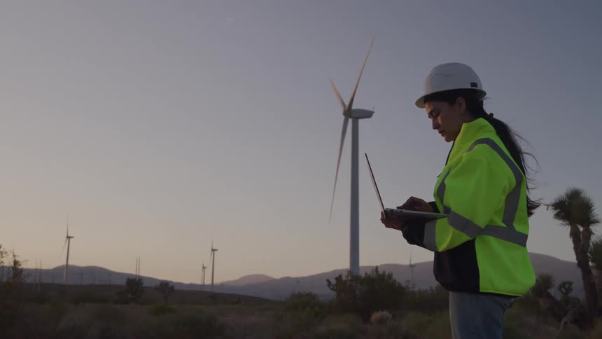 Utility worker standing in a wind farm enters data on a laptop