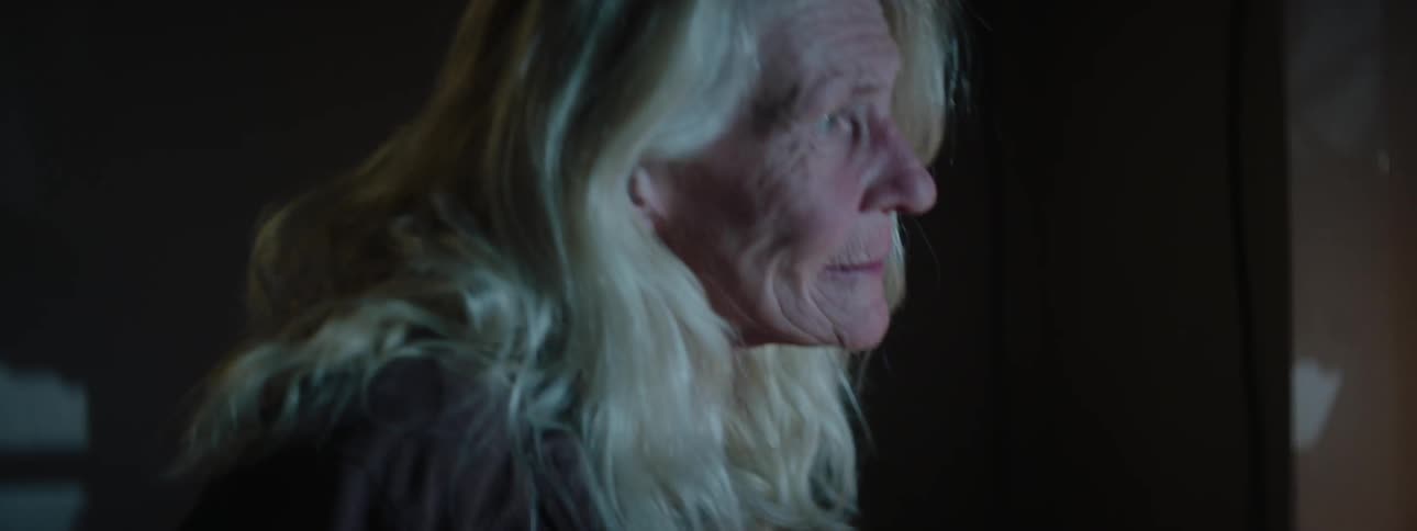 An elderly woman looking out the windows of her house for something