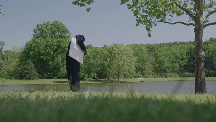 A man walks carrying a canvas stops by the grass edge of a pond sits down on the ground and uses the canvas to draw an object in the natural environment