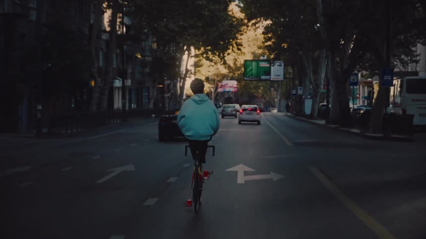 Cyclist in a gray hoodie rides along a treelined avenue at sunset