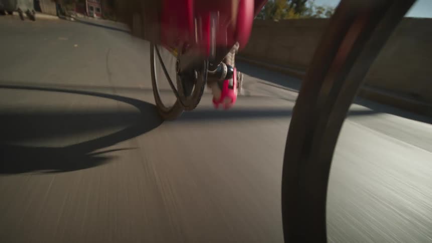 Pink pedal in motion during a sunny bike ride