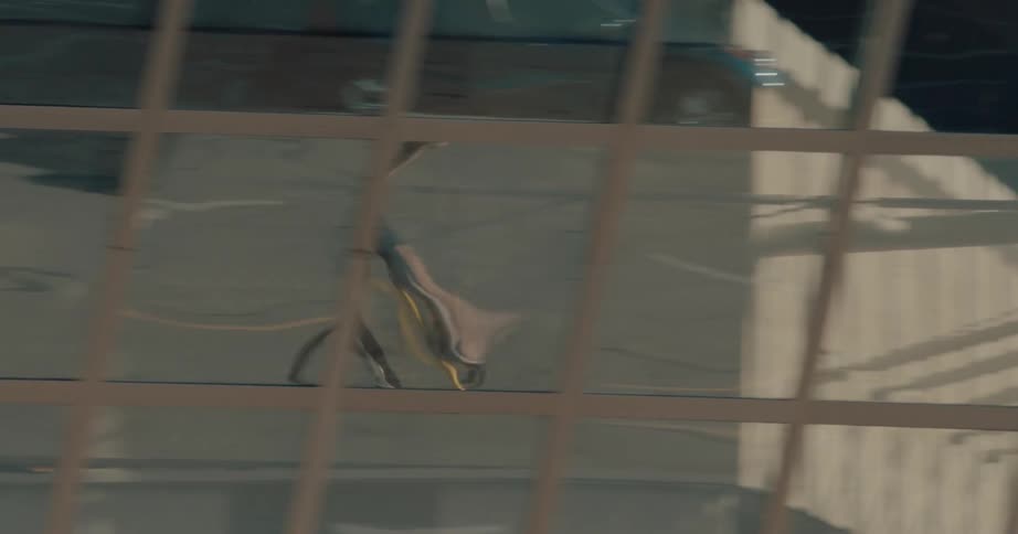 A reflection on a grid of modern glass windows shows a man riding a yellow and black bicycle across an asphalt parking lot momentarily captured before the reflection disappears