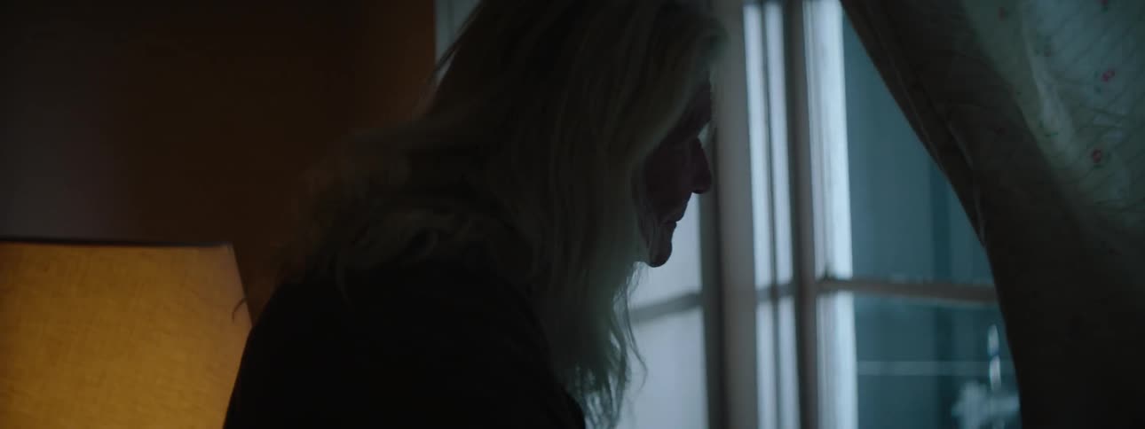 An older woman looks out the window
