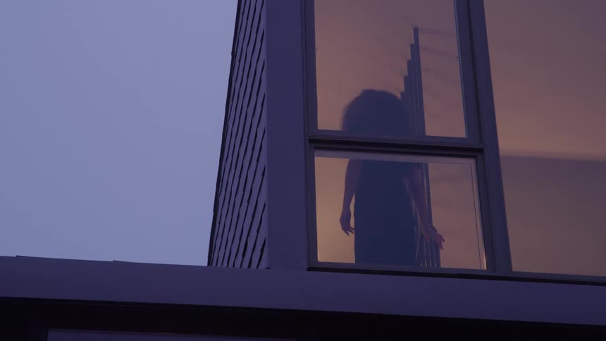 The video shows a modern building with dark siding and large windows reflecting a distinct towering structure likely a skyscraper the reflection on the window is prominent against the evening or twilight sky