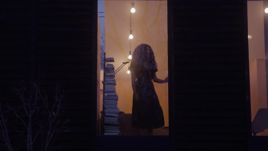 The video shows a womans silhouette standing in the window of a modern building at night the interior is illuminated by a vertical string of bare edisonstyle light bulbs and a stack of books is visible nearby