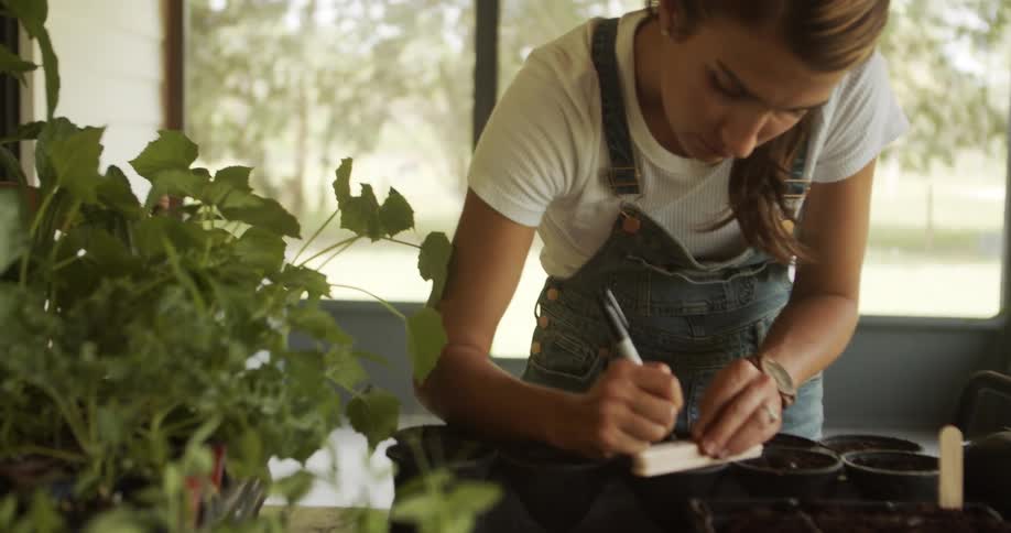 Woman writing in a notebook beside plant pots in a bright setting